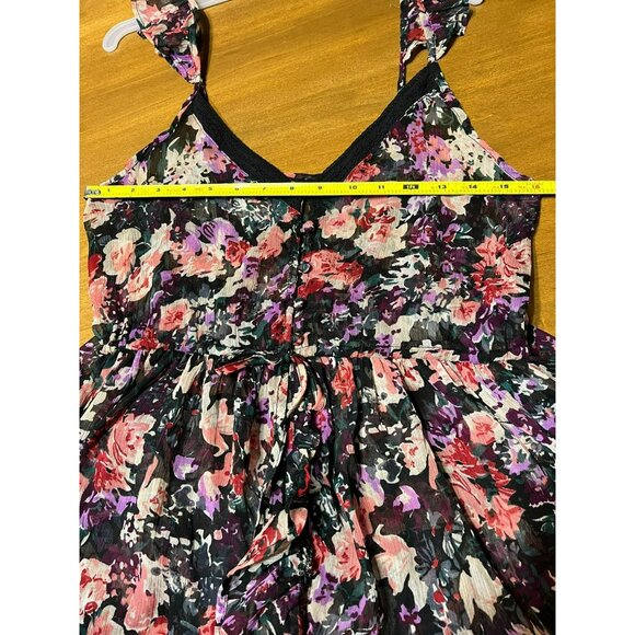 Forever 21 Babydoll Dress M Sheer Ruffles Asymmetric Dark Floral Fairy Cottageco - Picture 9 of 13